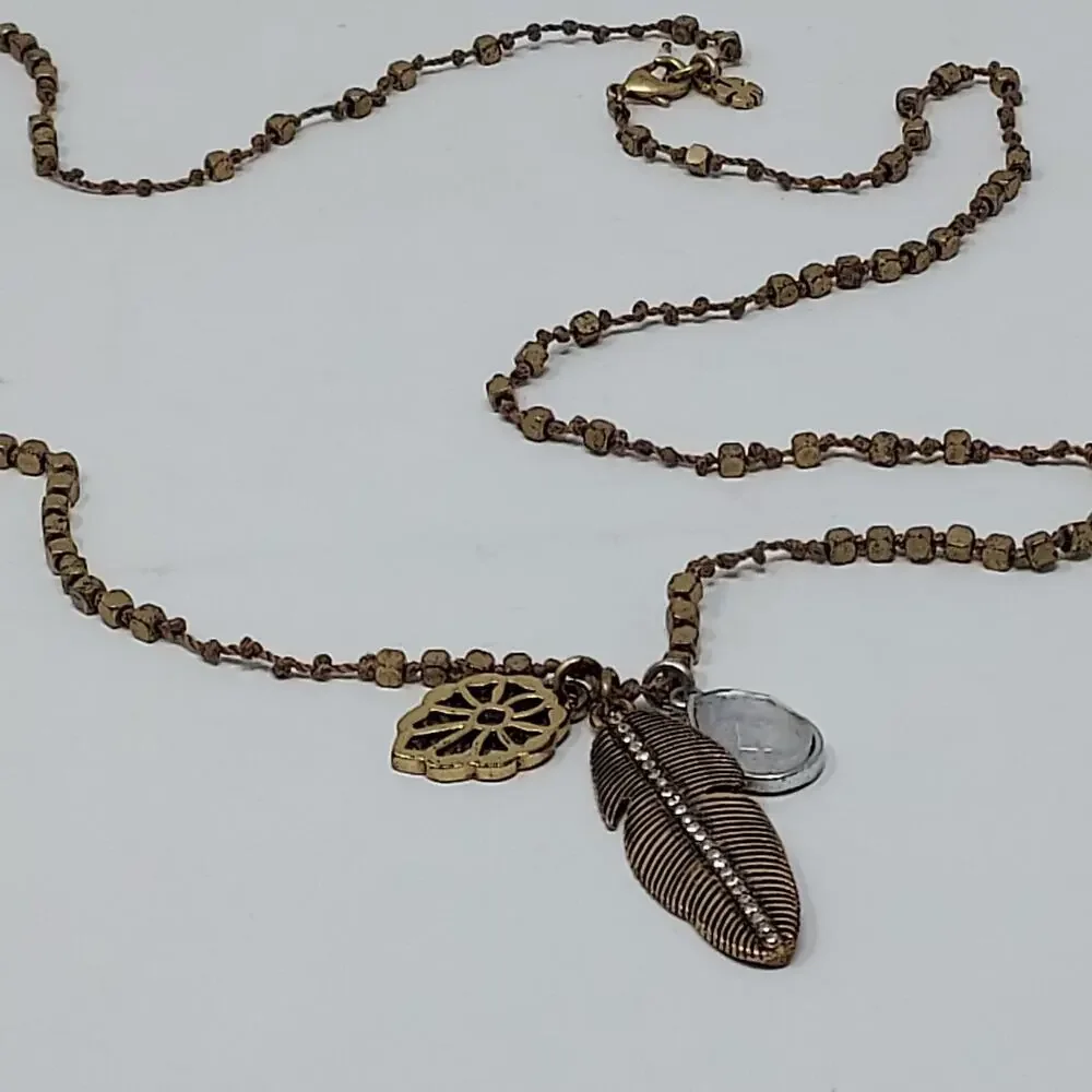 Lucky Brand Pendant Necklace Aged Gold Tone Stone Metal Rhinestone Charms Boho